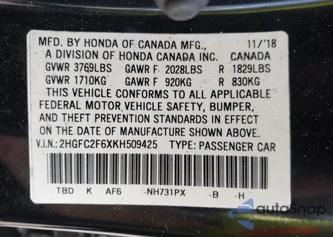 2019 Honda Civic Lx z USA, uszkodzony, nr VIN 2HGFC2F6XKH509425